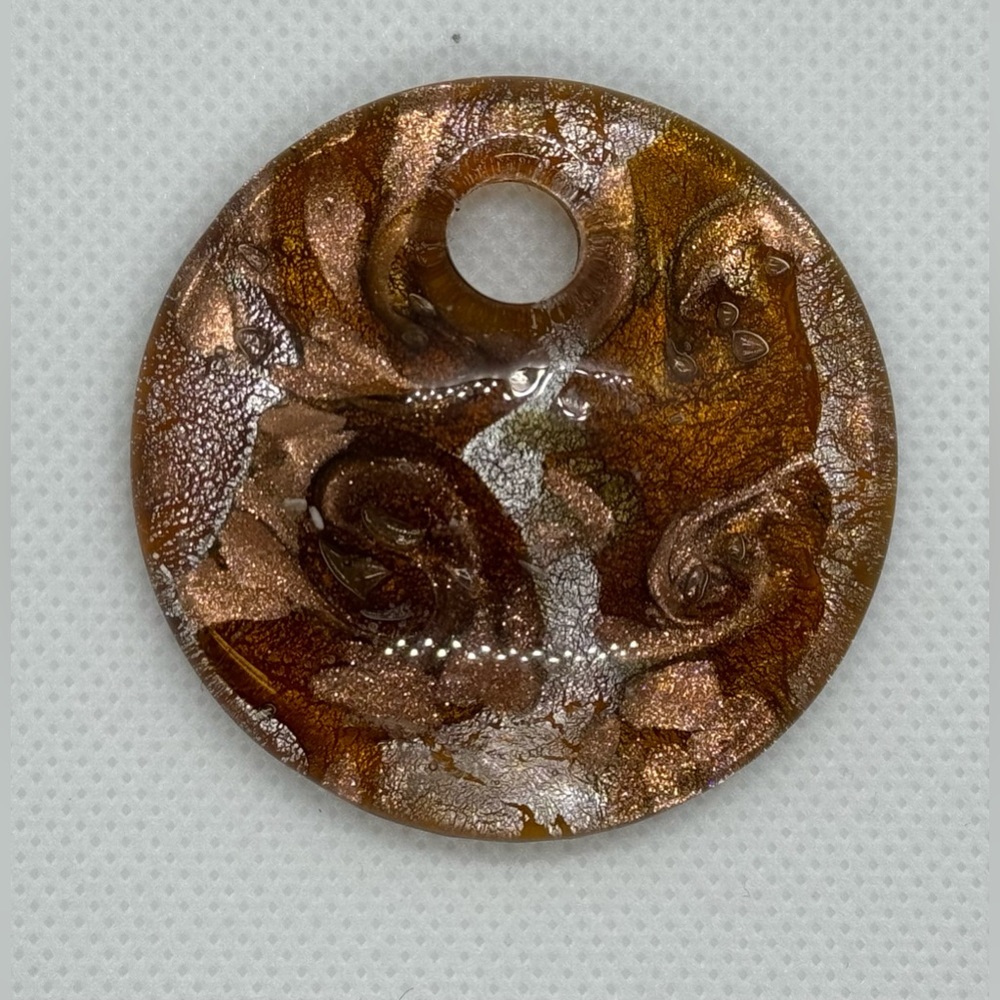 Hand Crafted Round Glass Pendant, Gold and Silver, 2” Diameter